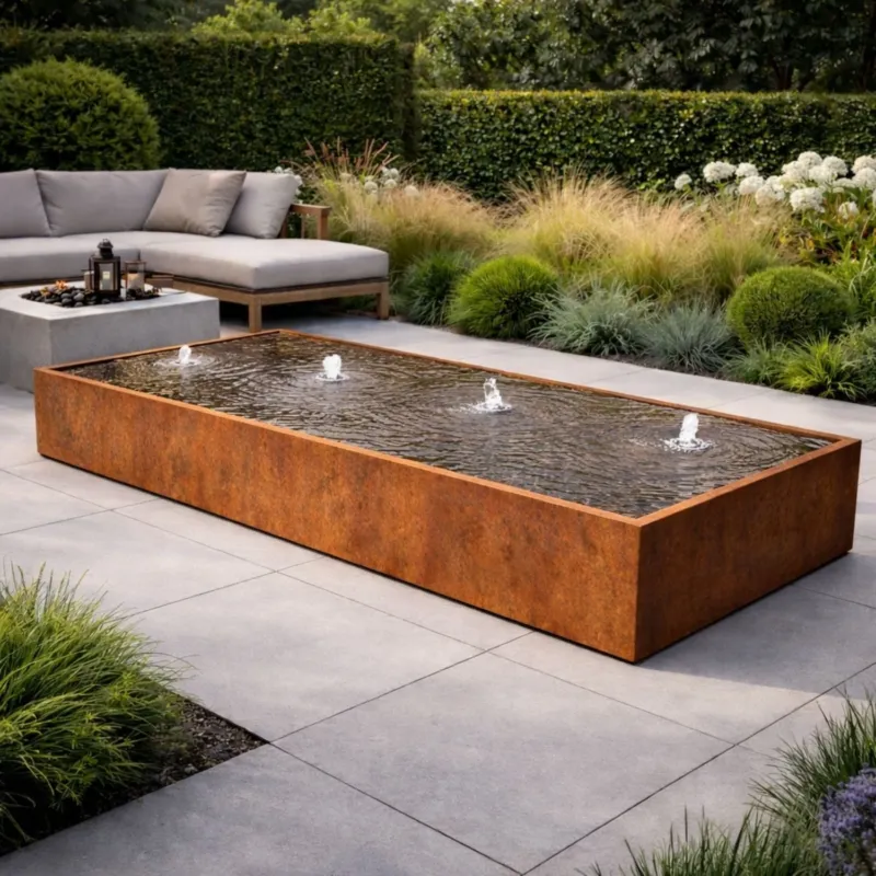 Langwerpige cortenstaal watertafel met fonteinen 400x150x40cm 371kg - Doika - Watertafel - Geroba - - TaulaAC3